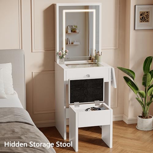 Einhomn Small Vanity Desk Set with Mirror and Lights, Glass Top Vanity with Storage, Compact Makeup Dressing Table with Stool and 2 Hidden Pull-Out Cabinets, for Bedroom, Saving Space, Ivory by Einhomn - Image 4