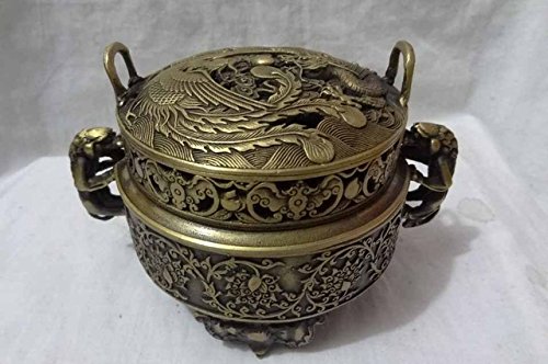 Chinese Bronze JiXiang Dragon Phoenix Statue Unicorn Head Incense Burner Censer