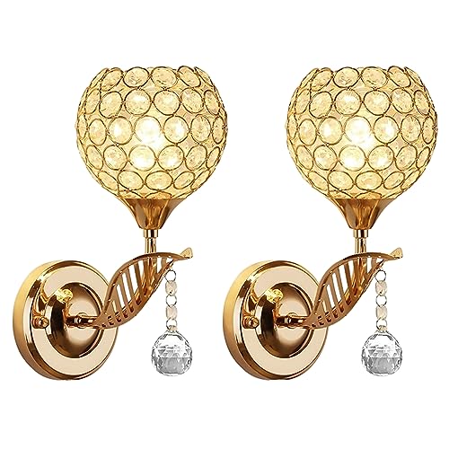 2Pcs E27 Base Warm Light, Crystal Wall Lamp Lights for Living Room, Indoor Wall Lighting Modern Wall Lamp with Pendant for Bedroom Hallway, Valentine's Day Wedding New Room Lighting Gift (Golden)