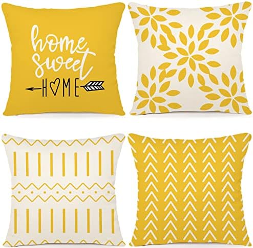 Modern Sofa Throw Pillow Cover, Decorative Outdoor Linen Fabric Pillow Case for Couch Bed Car 45x45cm (Yellow, 18x18,Set of 4)