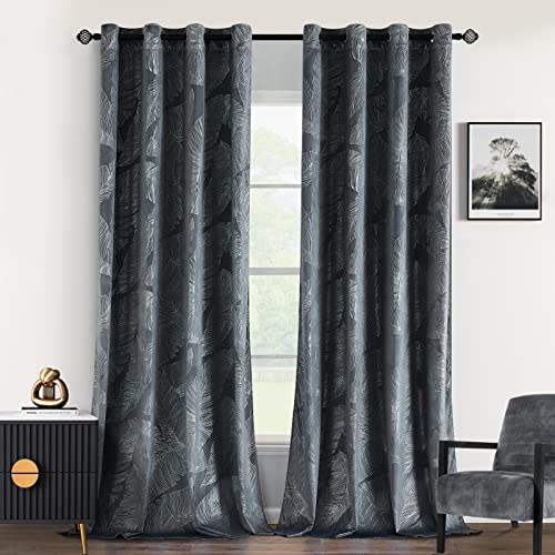 EMEMA Rideaux en Velours Doux Rideau Occultant Thermiques Rideaux à Oeillet Feuilles Argentées Élégant Salon 2 Panneaux 140 x 225 cm Gris
