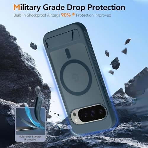 Image of KARWANUltra Hybrid Matte Back Cover Case Compatible with Stand Magnetic for Google Pixel 9 Pro | Mag-Safe Wireless Charging | Camera Bump Protection -(Blue)