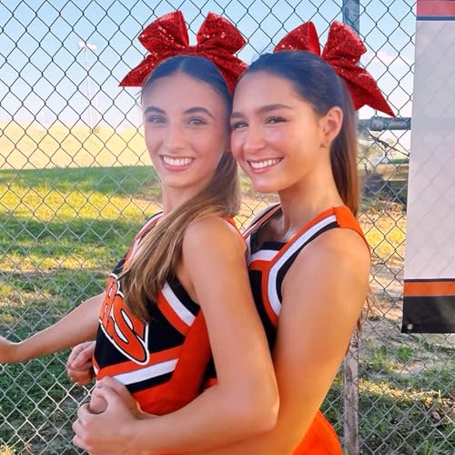 CN 7" Glitter Cheer Hair Bows for Cheerleader Red Large Ponytail Holder Elastic Band Handmade for Cheerleading Teen Women Girls College Sports 1pcs