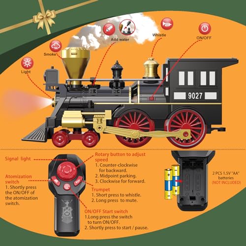 Image of Train Set for Kids Remote Control Train Toys w /Steam Locomotive, Fuel Tank Car & Luxury Tracks, Electric Trains w /Realistic Smoke,Sounds & Lights, Christmas Birthday Gift for Boys Girls 3 4 5 6 7+