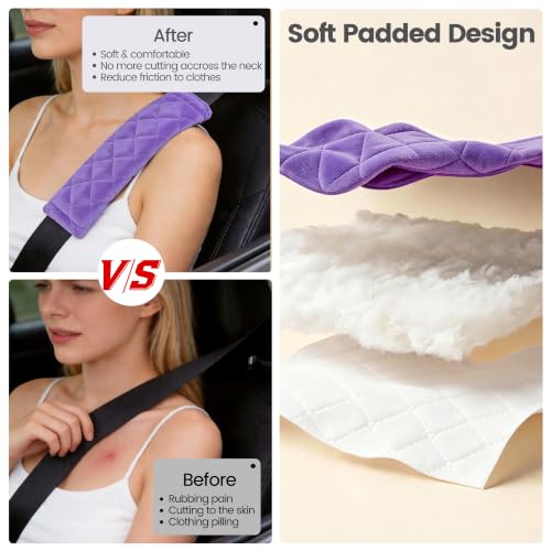 Image of Amooca Soft Auto Seat Belt Cover Seatbelt Shoulder Pad Cushions 2 PCS Universal Fit for All Cars and Backpack for a More Comfortable Driving Violet