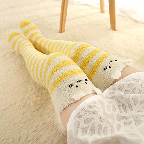Image of Hotmiss Womens Thigh High Fuzzy Socks Cute Over the Knee Stockings Winter Warm Stripe Leg Warmers