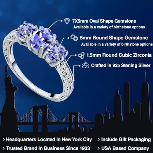 Gem Stone King 1.79 Cttw Blue Tanzanite 3-Stone Ring In 925 Sterling Silver | Gemstone Birthstone | Three Stone Wedding Engagement Ring For Women | Available in size 5, 6, 7, 8, 92