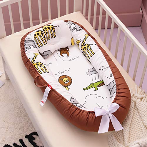 Baby Lounger Baby Nest Portable Baby Bassinet Super Soft Co-Sleeping Baby Bed - 100% Cotton Breathable & Hypoallergenic Portable Crib for Bedroom/Travel(Lion Elephant, Brown)