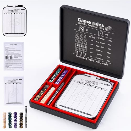 AUSIIBTO Dice Tray and Storage Case for Farkle Game - Includes Embedded Scoring Combinations, 4 Sets of 6 Pearl Dice, 50 Sheet Score Pad and Pen...