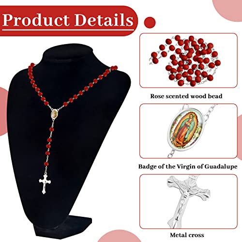 36 Pcs Wooden Bead Rosary Necklace with Crucifix and Our Lady of Guadalupe Scented First Communion Rosary with 36 Organza Bags Baptism Favors Catholic Gift for Men Women3