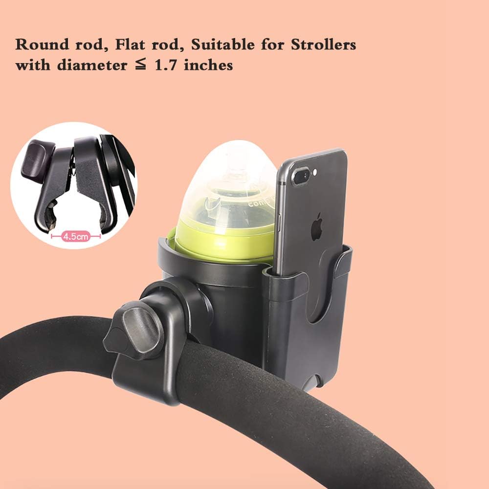 Walker Cup Holder-2 in 1 Universal Baby Stroller Cup Holders,Large Caliber Designed with Phone Holder, 360 Degrees Rotation Bottle Rack Holder for Baby Stroller, Buggy,Pushchair,Wheelchair, Walker