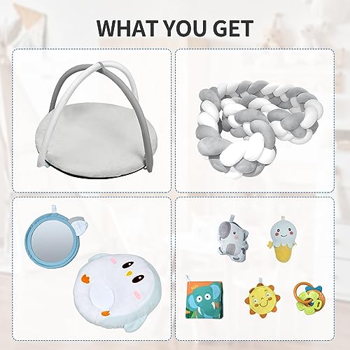 Yacul Baby Play Gym and Activity Mat, Thick Soft Tummy Time Playmat with 6 Detachable Toys for Sensory Development, Infant Floor Mat for Playroom and Nursery(Grey)