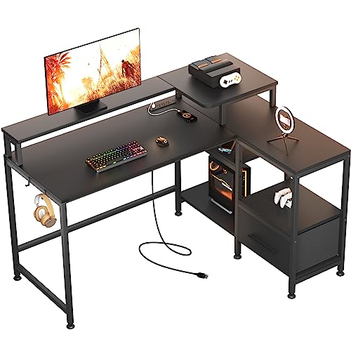 GreenForest L Shaped Desk with Drawers and Power Outlet, 51 inch Computer Gaming Desk with Monitor Stand and 4 Tier Storage Shelves, Printer Stand and Hooks for Work and Study, Black