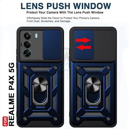 Image of AIBEX Back Cover Compatible for OnePlus Nord CE 6 Lite 5G / Realme P4X 5G | D10 Tough Armor Case | Sliding Camera Shield | 360 Protection | Kickstand Ring Holder | Military-Grade Bumper Case - Blue