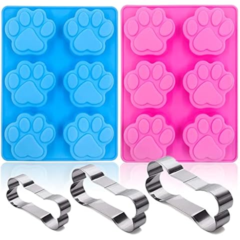 SAGOOITS Set of 5, 2 Packs Silicone Molds Puppy Dog Pawand 3 Packs Stainless Steel Bone Cookie Cutter,for Homemade Treats and Cat Dog Animal Paw Ice Candy Dog Treats, Cake Baking Mold (Blue Pink) Cover