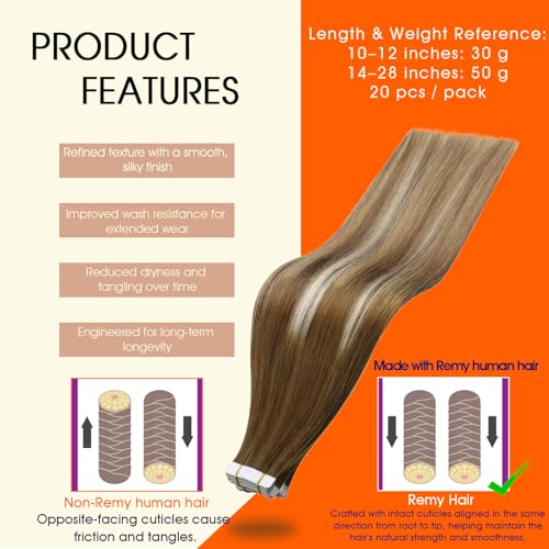 Image of Full Shine Invisible Tape in Hair Extensions Human Hair Color 4 /27 /60 /8 Brown And Blonde Seamless Tape Hair Extensions Real Remy Human Hair 18Inch Natural Human Hair Extension Wedding 50G 20Pcs