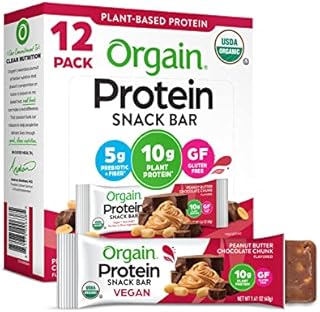 Orgain Organic Plant Based Protein Bar, Peanut Butter Chocolate Chunk - 10g of Protein, Vegan, Gluten Free, Non Dairy, Soy Free, Lactose Free, Kosher, Non-GMO, 1.41 Ounce, 12 Count(Packaging May Vary)