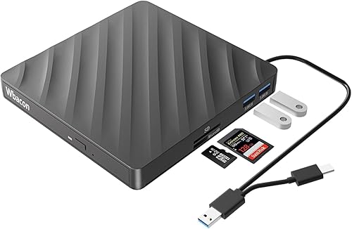 Unidad Blu-ray externa 5 en 1, USB 3.0 Tipo-C, grabadora de DVD externa Bluray externa óptica delgada con lector de tarjetas SDTF, 2 concentradores