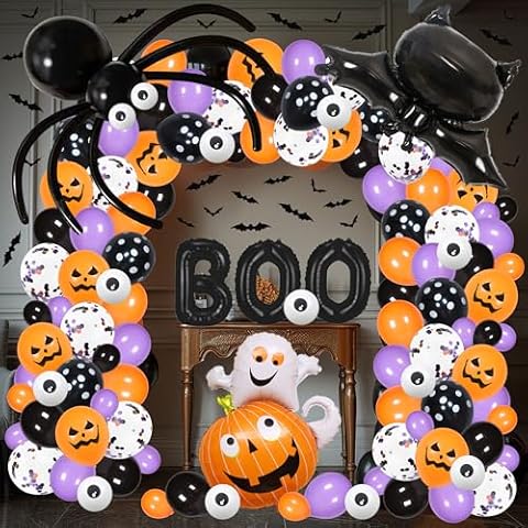 151 PCS Halloween Balloon Arch Kit,Black Orange Purple Halloween Balloon Garland with Boo Letter Ghost Pumpkin 3D Bats Skulls Halloween Foil Balloons,Halloween Party Decorations Kit Cover