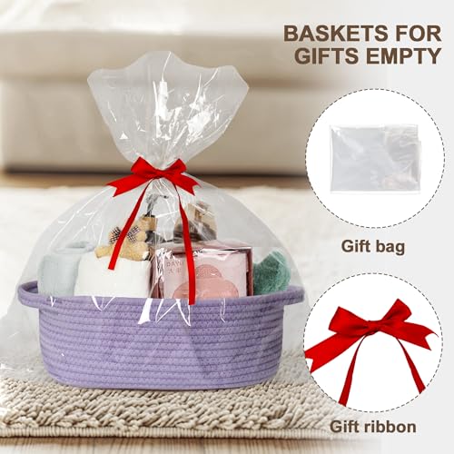 Image of Small Baskets for Gifts Empty, 13 inchx 9 inchx 5 inch Woven Gift Basket with Bag and Ribbon, Cotton Rope Kids Dog Cat Toy Bin Box, Cute Baby Nursery Organizer, Decorative Storage with Handles,Purple