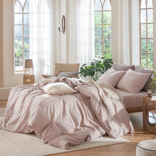 Image of MooMee Duvet Cover Set 100% Washed Cotton Linen Like Twin | Relaxed Linen-like Texture. Soft, Breathable & Long-lasting Comfort. Lightweight. Hidden Zipper with 8 Interior Corner Ties