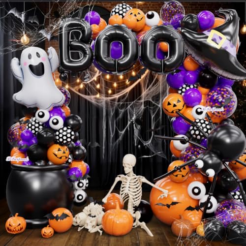 Halloween Balloon Garland Arch Kit 192Pcs Halloween Balloons in Purple Black & Orange with Ghost Witch Hat BOO Letters Spider Webs & Pumpkin Halloween Party Decorations