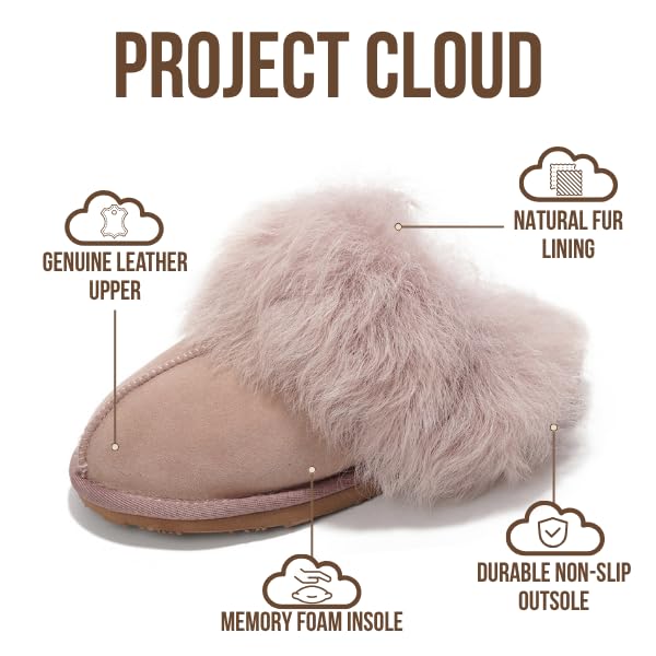Image of Project Cloud Genuine Leather Slippers for Women with Genuine Fur Lining, Non-Slip Indoor /Outdoor Clog Mule Slippers, Memory Foam Insole