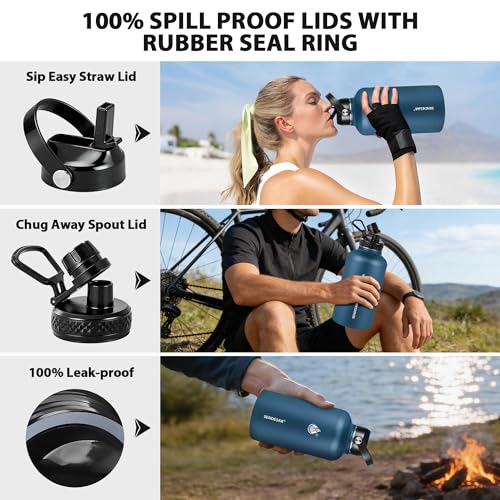 Image of Insulated Water Bottle 64 oz, Triple Wall Vacuum Stainless Steel Water Bottles (Cold for 48 Hrs), Leak Proof & Non-BPA, Half Gallon Water Flask Jug Wide Mouth Straw Lid & Spout Lid