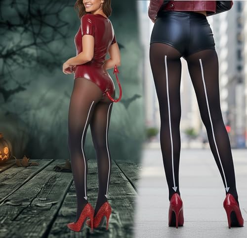 Image of ToBeInStyle Women's Flame Burning Fire Tights w /Devil-Inspired Print Hosiery