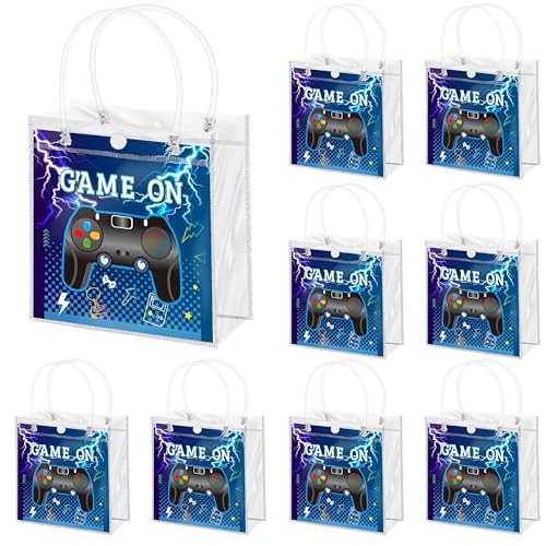 Z1juce Gamer Goodie Bags - 24PCS Video Game Party Favor Bags with Handle 7.9 x 3.1 x 7.9 Inch Reusable Clear PVC Gamer Party Favor Bag for Kids Game on Themed Gift Bag for Boys Birthday Decorations