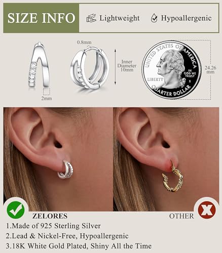 925 Sterling Silver Small Hoop Earrings for Women 18K White Gold Plated Cubic Zirconia Huggie Hoop Earrings Dainty Hoops Earring Double Hoop Earrings4