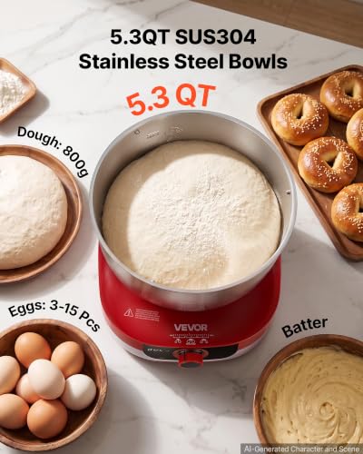 Image of VEVOR 5.3 Qt Electric Dough Maker 500W Stand Mixer Removable Lid, Stepless Speed Adjustment Food Kitchen Mixer with Stainless Steel Bowl, Dough Hook, Whisk, Beater, for Pizza Bread Pasta Mochi