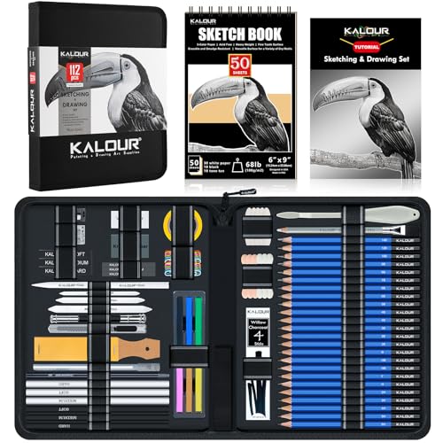 KALOUR PDAS 112-teiliges Zeichen-Set mit Skizzenbuch Graphit- und Kohlestiften Künstlerbedarf für Erwachsene Jugendliche und Anfänger Ideal zum Schattieren und Mischen