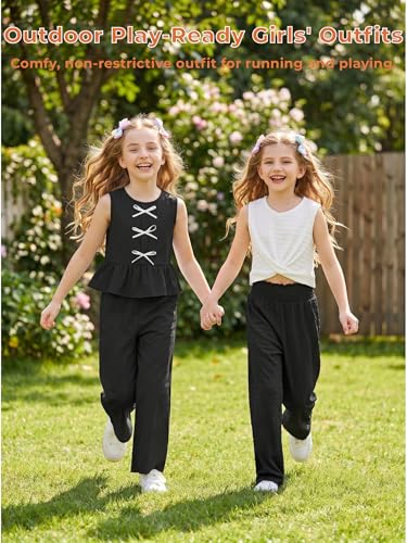 Image of Girls' Clothing Sets Sleeveless Bow Crop Top Wide Leg Linen Pants 2026 Summer Outfits Cute Kids Clothes