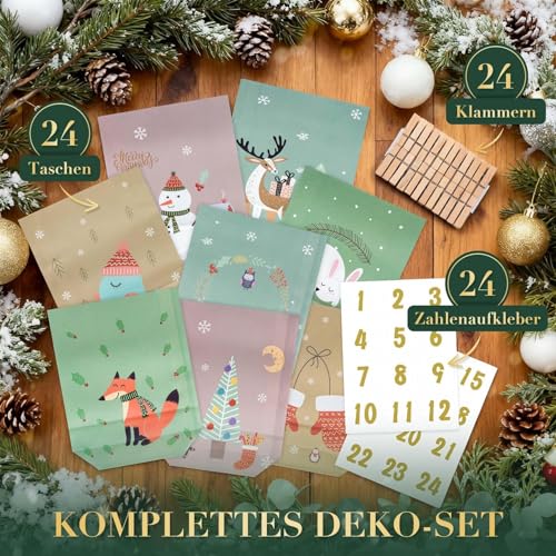 DIY Adventskalender zum Befüllen Set 2025 – 24 Adventskalender Tüten mit Lichterkette, Zahlenaufklebern & Holzklammern – Weihnachtstüten für Kinder, Frauen, Männer (LED Weihnachts Tüten)
