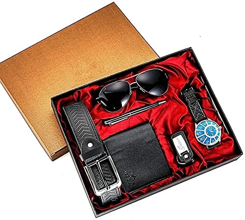 FSHOW 6PCS Men's Gift Box Sets with Box Leather Belt Wallet Watch Glasses Keychain Ballpoint Pen, Men Birthday Wedding (Color : Black)