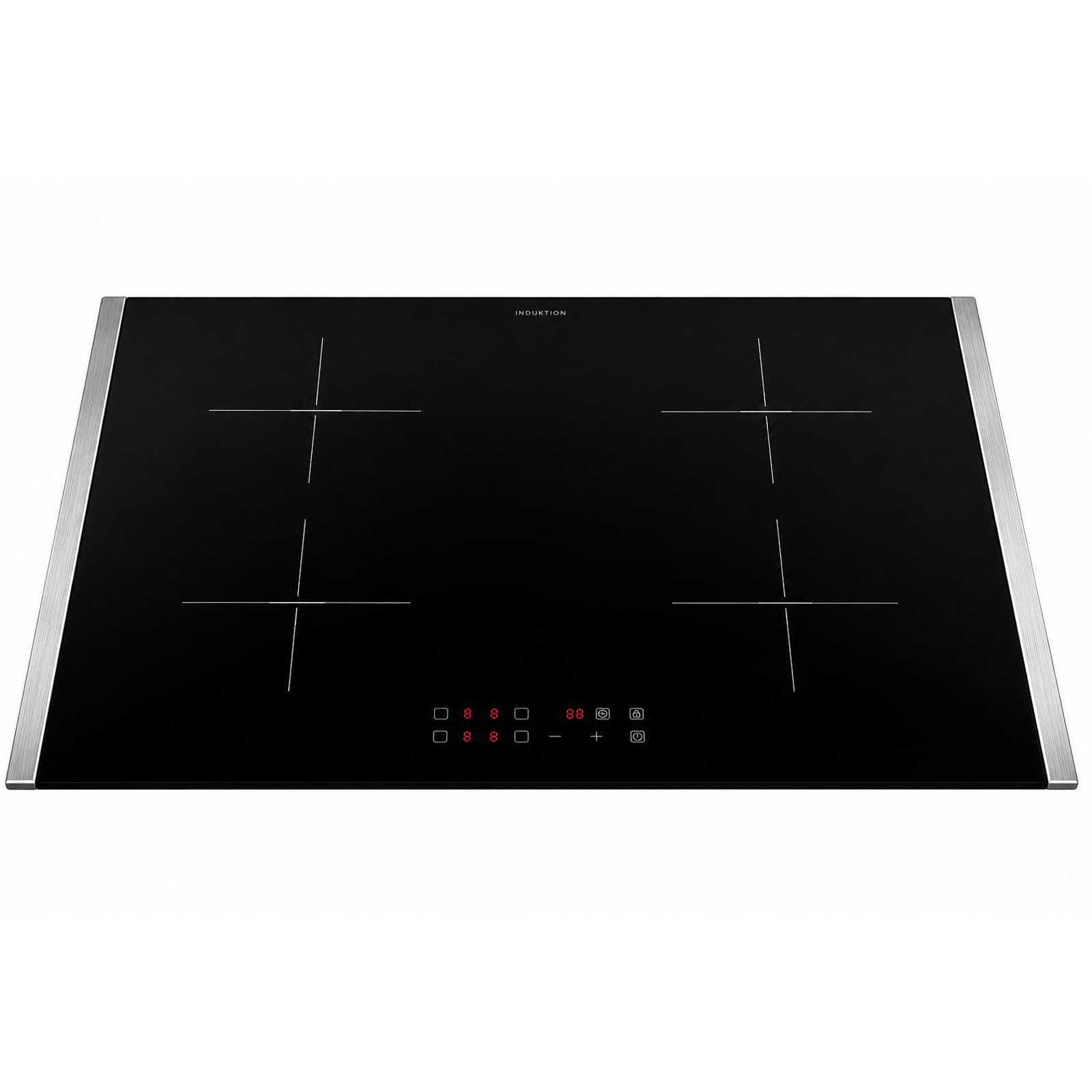 Oranier Kochfeld Induktion 80 cm autark - Glaskeramik mit 2 Edelstahl Seitenleisten, Topfgrößenerkennung, 4-fach Booster, Timer, LED Anzeige rot & Touch Control Steuerung