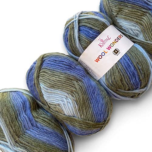 Wool Wonders Variegated Multicolor Medium Heavy Worsted/Aran Weight #4 Thick Yarn, Woolen, 30% Australian Wool And 70% Acrylic, 4-Pack, 400G/640Yds (Blue Gray) #TOP25