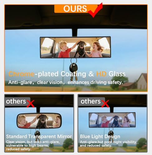 HmmtyRack Rear View Mirror, Chrome Anti-glare Panoramic Rear Mirrors Universal 10 Inch Convex Car Interior Clip on Extra Big Wide Angle Rearview Mirror Extender to Reduce Blind Spot for Car SUV