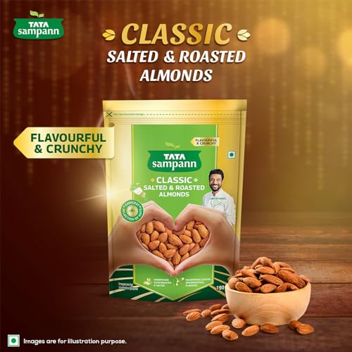 Image of Tata Sampann Classic Salted & Roasted Almonds /Badam, Flavourful & Crunchy Snack, Handpicked, Salted & Slow Roasted Almonds, Rich in Protein, Magnesium, and Phosphorus, No Artificial Colours, Preservatives & Flavours, 190g