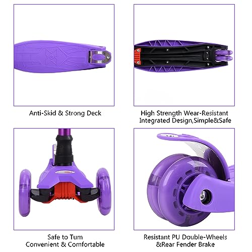 ChromeWheels Scooters for Kids, Deluxe 3 Wheels Kick Scooter 4 Adjustable Height 132lbs Weight Limit, Lean to Steer LED Light Up Wheel, Best Gifts for Girls Boys Ages 3-12 Years Old, Purple - Thumbnail 5