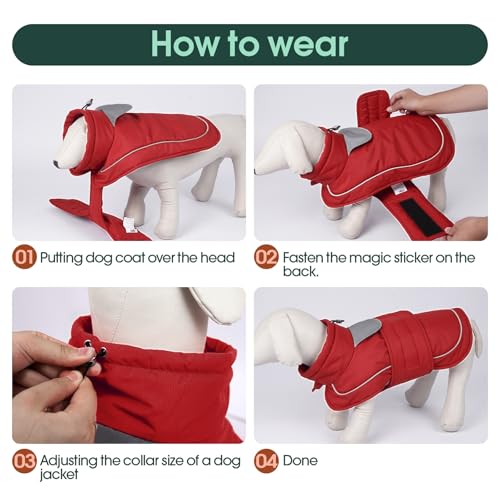 Kuoser Hundemantel Hundejacke, Warme Hundejacke für Große Hunde, Wasserdicht, Mit Reflektierendem Streifen & Leinenöffnung, Leichtes Anziehen durch Klettverschluss, Rot 2XL