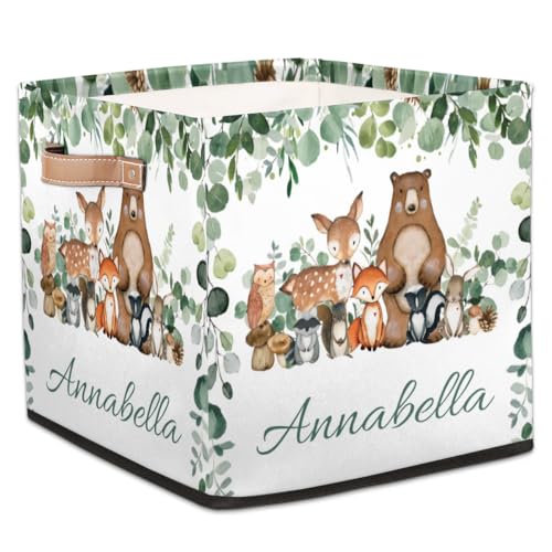 RIRIX Personalized Baby Gift Storage Basket Storage Bins, Custom Baby Basket Toy Box for Toddlers Nursery Toy Book Clothes Towel Greenery Woodland Animals