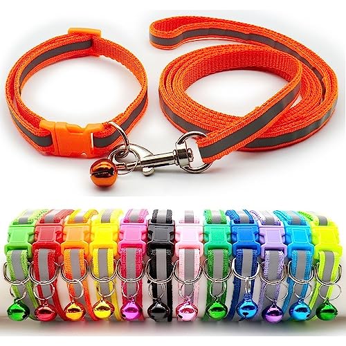 Small Dog Puppy Pet Collar and Lead Set Reflective Hi-Vis Strip Nylon Adjustable Size 19-32cm Collar with Bell and 120cm Leash Orange