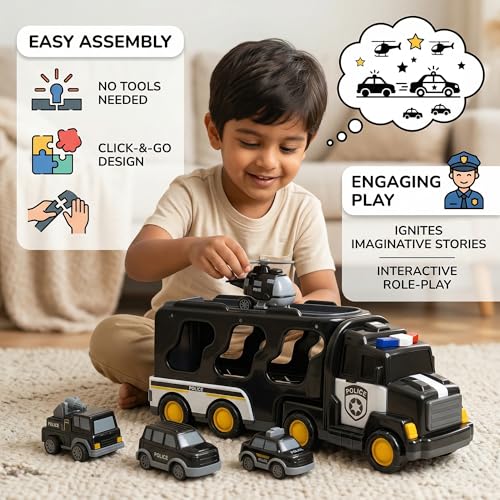 Image of 5 in 1 Police Truck Carrier Toy - Transport Vehicle Play Set for Kids - Fun & Educational Toy for Boys & Girls - Ages 3 to 7 Years - Pack of 1
