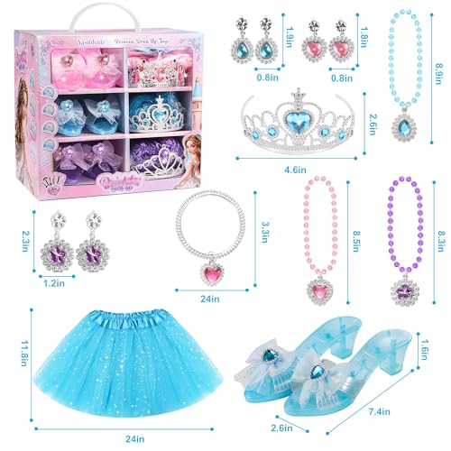 Princess Dress Up Toys, Jewelry Boutique Kit, 3 Color Skirts, Shoes, Crowns, Girls Toys for 3 4 5 6 Year Old