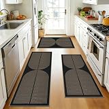 Capslpad Kitchen Rugs Sets of 3 Non Slip Jute Look Kitchen Mat Set Washable Boho Kitchen Rugs and Mats Brown Black Kitchen Runner Rug Floor Carpet for Laundry, Hallway, (50x80cm+50x120cm+50x150cm)