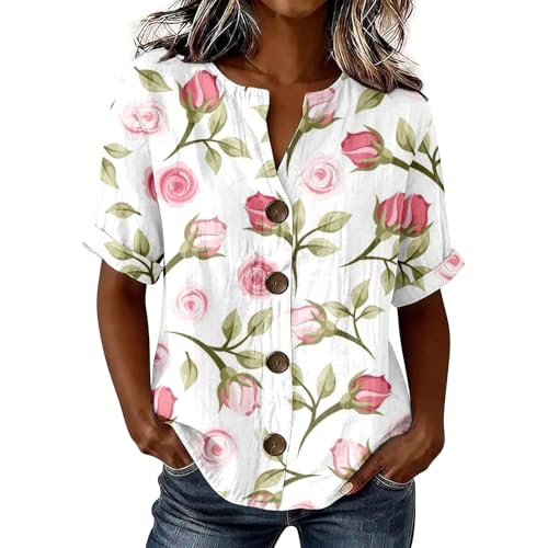 Image of Women's Blouses & Shirts Summer Short Sleeve Button Down Shirts Ladies 3/4 Sleeve Tops Bohemian Floral Print Blouses Lightweight Loose Fit Going Out Tops,Pink,M