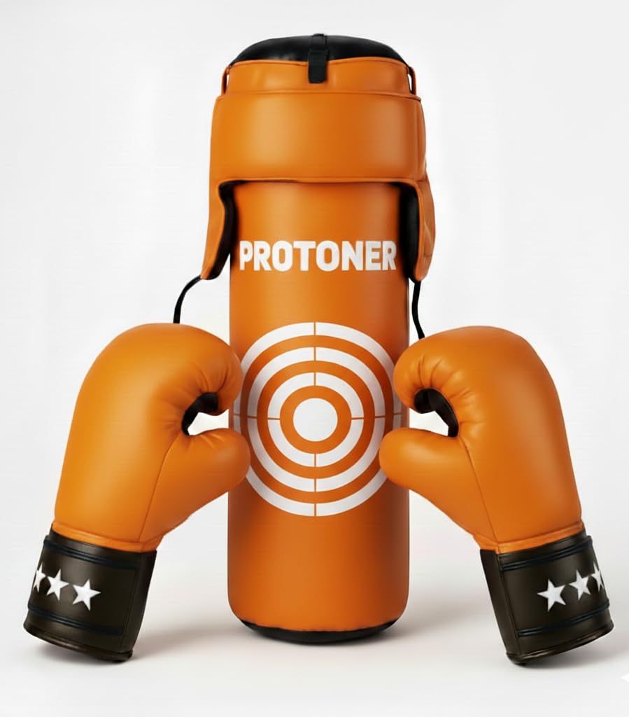 Protoner Kids Punching Bag Set with Gloves, Head Gear and Hanging Chain, Red, Complete Boxing Training Kit for Children (Orange)