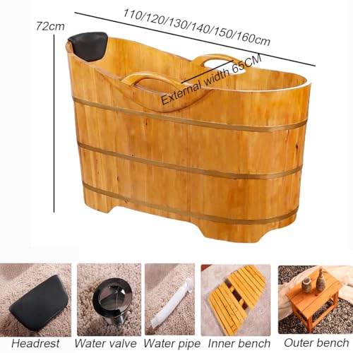 TT-YEC Tiefe Badewanne Für Erwachsene Mit Handläufen, Kompakte Badewanne Aus Holz Mit Kopfstütze, Hocker Und Wasserventil, Orientalische Klassische Badewanne, Tragbare Badewanne,L160cm – Bild 7
